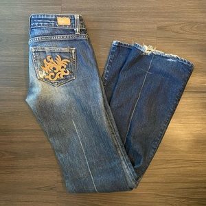 Paige Laurel Canyon Womens Jeans Sz 26 Blue Dark Wash Bootcut Floral Embroidery